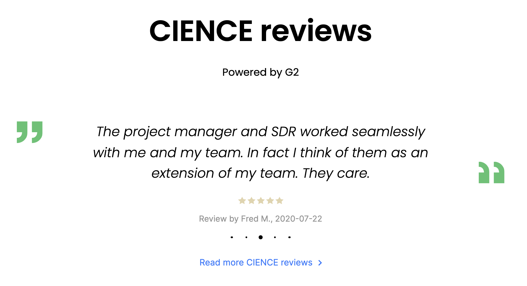 Example of user-generated content from CIENCE clients on G2 and Clutch review platforms